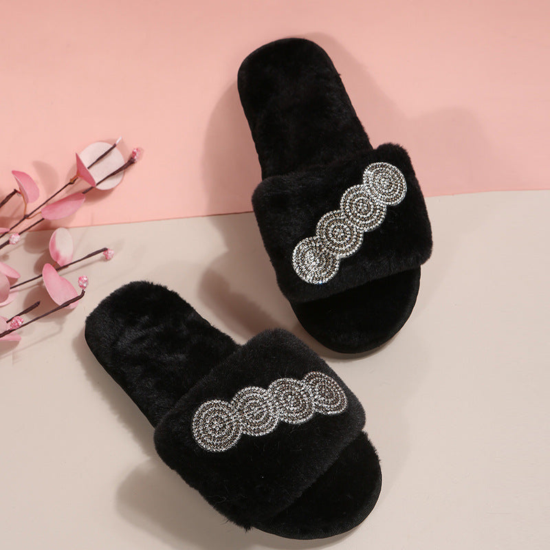 Wholesale One Word Open Toe Flat Plush Cotton Slippers
